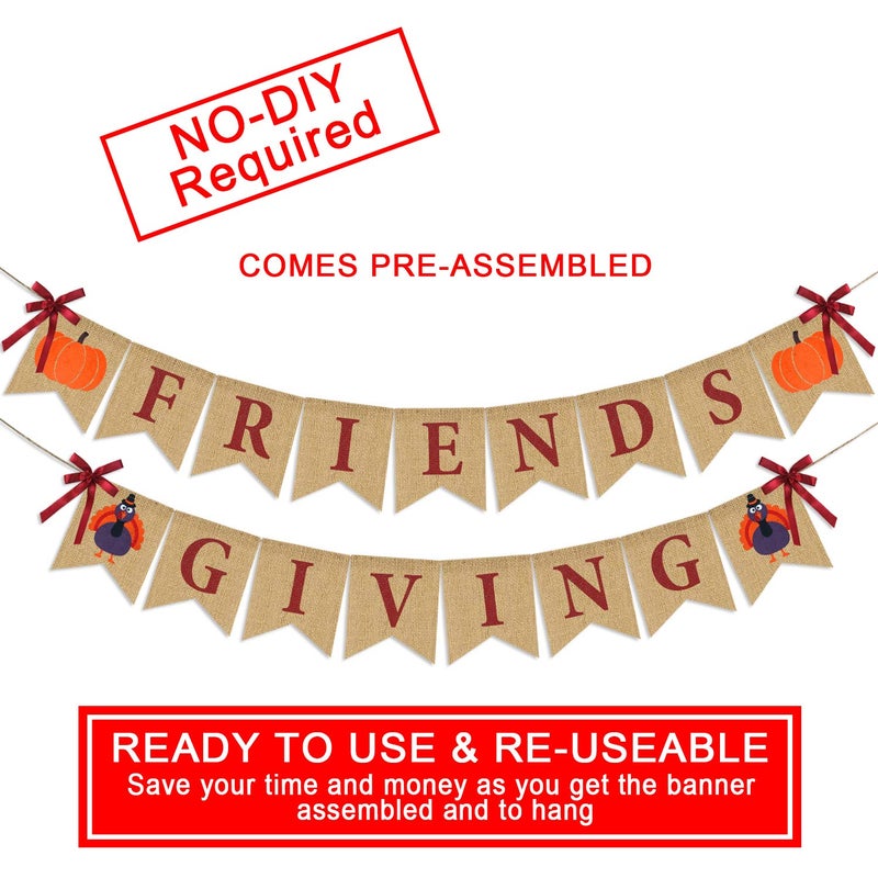 Partyprops Friendsgiving Banner Burlap | Thanksgiving Decorations | Thanks Giving Burlap Banner | Rustic Friends Giving Turkey Pumpkin Bunting for Thanksgiving Party Supplies Fireplace Mantle Decor - Image 2